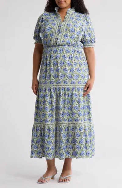 Max Studio Short Sleeve Tiered Maxi Dress In Blue