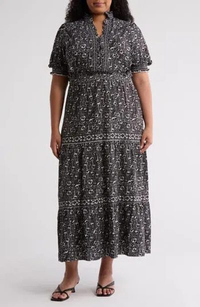 Max Studio Short Sleeve Tiered Maxi Dress In Black
