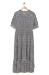 Max Studio Short Sleeve Tiered Maxi Dress In Black/cream Chainmail Geo