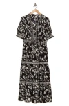 Max Studio Short Sleeve Tiered Maxi Dress In Black/ivory Silhouette Vine