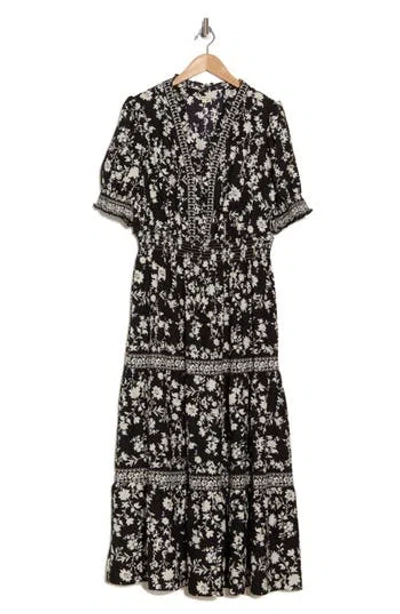 Max Studio Short Sleeve Tiered Maxi Dress In Black/ivory Silhouette Vine