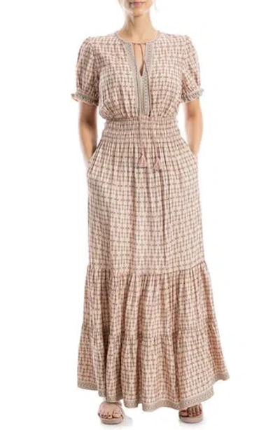 Max Studio Short Sleeve Tiered Maxi Dress In Blush Geo Tulip Grid