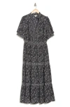 Max Studio Short Sleeve Tiered Maxi Dress In Cream/black Whispering Clover