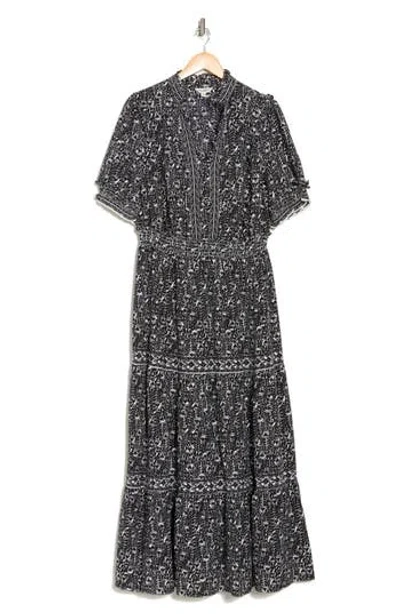 Max Studio Short Sleeve Tiered Maxi Dress In Cream/black Whispering Clover