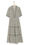 Max Studio Short Sleeve Tiered Maxi Dress In Cream/blue Floral Swing Vine