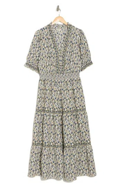 Max Studio Short Sleeve Tiered Maxi Dress In Cream/blue Floral Swing Vine