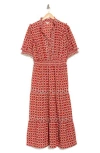 Max Studio Short Sleeve Tiered Maxi Dress In Cream/poppy Buds