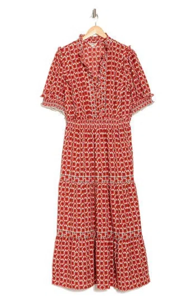 Max Studio Short Sleeve Tiered Maxi Dress In Cream/poppy Buds