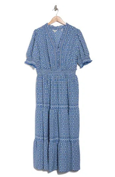 Max Studio Short Sleeve Tiered Maxi Dress In Cream/sky Curvy Cube
