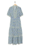 Max Studio Short Sleeve Tiered Maxi Dress In Crm/sky Navy