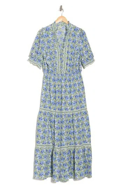 Max Studio Short Sleeve Tiered Maxi Dress In Crm/sky Navy