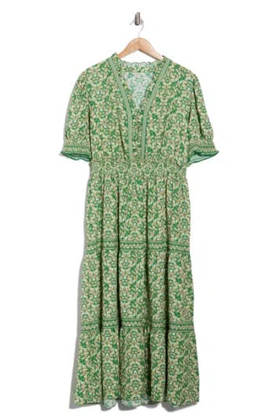 Max Studio Short Sleeve Tiered Maxi Dress In Green