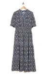 Max Studio Short Sleeve Tiered Maxi Dress In Navy/cream Sml Orntal Panel