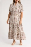 Max Studio Short Sleeve Tiered Maxi Dress In Wavy Branch Panel