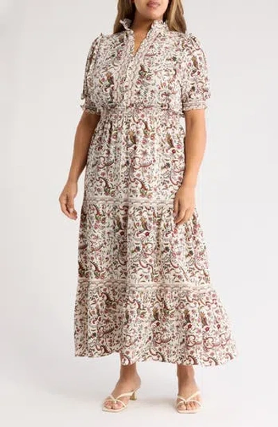 Max Studio Short Sleeve Tiered Maxi Dress In Wavy Branch Panel