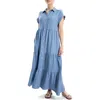 Max Studio Short Sleeve Tiered Maxi Shirtdress In Blue