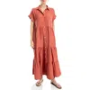 Max Studio Short Sleeve Tiered Maxi Shirtdress In Heather Washed Red