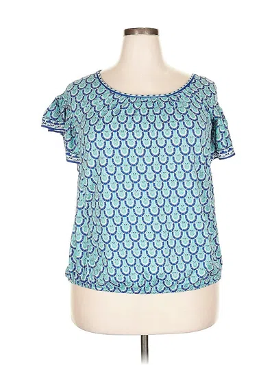 Pre-owned Max Studio Short Sleeve Top Teal Graphic Pattern Scoop Neck Tops In Blue