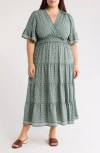 Max Studio Short Sleeve V-neck Maxi Dress In Green