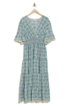 Max Studio Short Sleeve V-neck Maxi Dress In Cream/azure