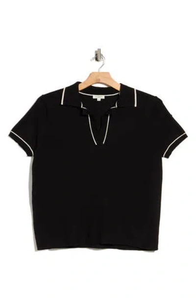 Max Studio Short Sleeve V-neck Polo Sweater In Black/ Ivory