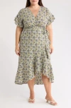 Max Studio Short Sleeve Wrapped Midi Dress In Green
