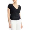 Max Studio Side Ruched Short Sleeve V-neck Sweater In Black