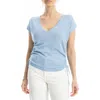 Max Studio Side Ruched Short Sleeve V-neck Sweater In Blue