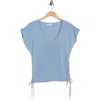 Max Studio Side Ruched Short Sleeve V-neck Sweater In Blue