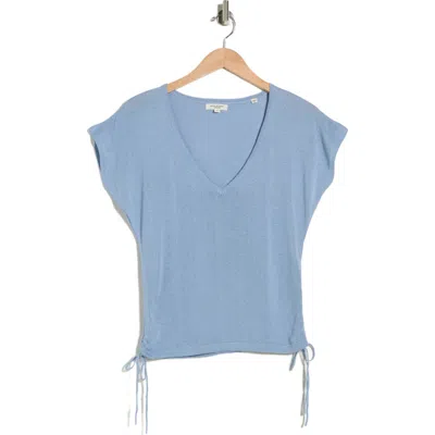 Max Studio Side Ruched Short Sleeve V-neck Sweater In Blue