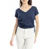 Max Studio Side Ruched Short Sleeve V-neck Sweater In Blue