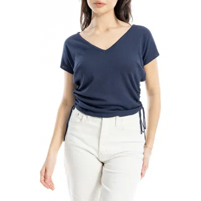 Max Studio Side Ruched Short Sleeve V-neck Sweater In Blue