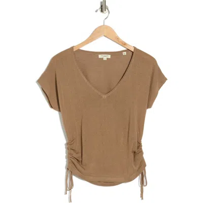 Max Studio Side Ruched Short Sleeve V-neck Sweater In Brown