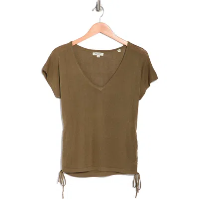 Max Studio Side Ruched Short Sleeve V-neck Sweater In Green