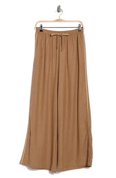 Max Studio Side Stripe Linen Blend Wide Leg Pants In Brown