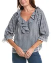 Max Studio Sleeve Ruffle Front Blouse In Navy