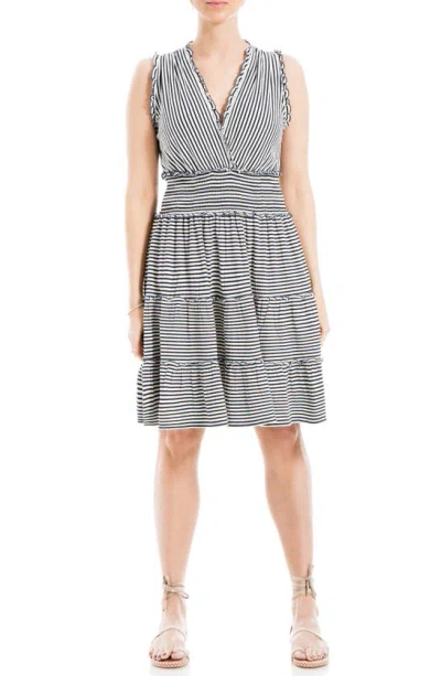 Max Studio Sleeveless Short Smocked Dress In Dark Navy/ White Stripe