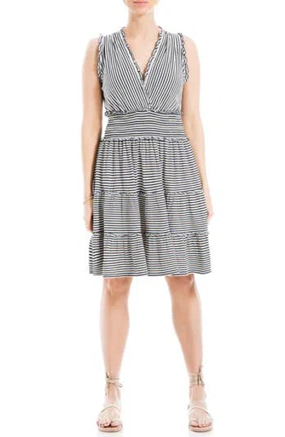 Max Studio Sleeveless Short Smocked Dress In Dark Navy/white Stripe