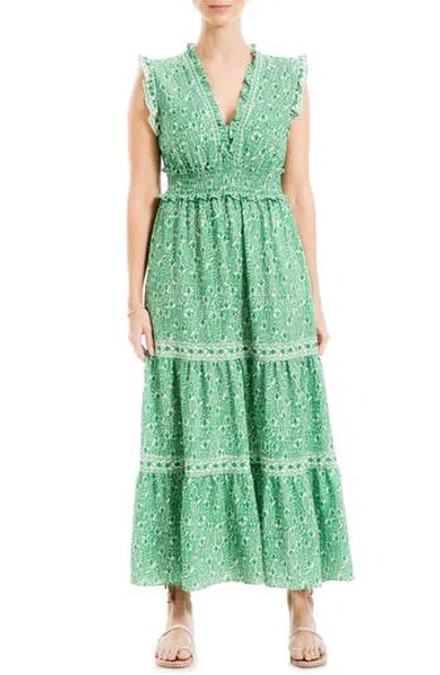 Max Studio Sleeveless Smocked Floral Print Tiered Maxi Dress In Green Whispering
