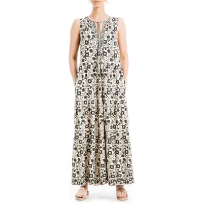 Max Studio Sleeveless Tiered Maxi Dress In Cream/black Floral Hearts