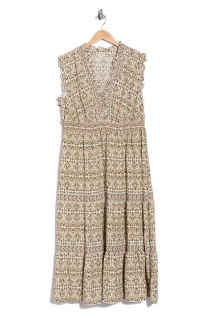 Max Studio Sleeveless Tiered Maxi Dress In Ecru/berry Nouveau Vine Crest