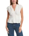 Max Studio Short Sleeve Pleat Front Linen-blend Blouse In White