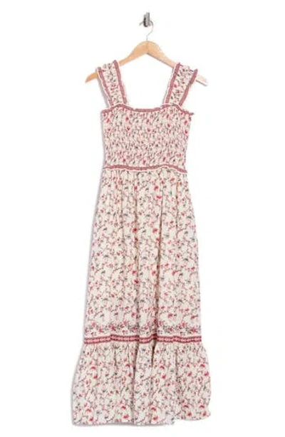 Max Studio Smocked Bodice Maxi Dress In Cream/ Red Bloomfall Grace