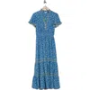 Max Studio Smocked Flutter Sleeve Maxi Dress In Blue/cream Poppies Field