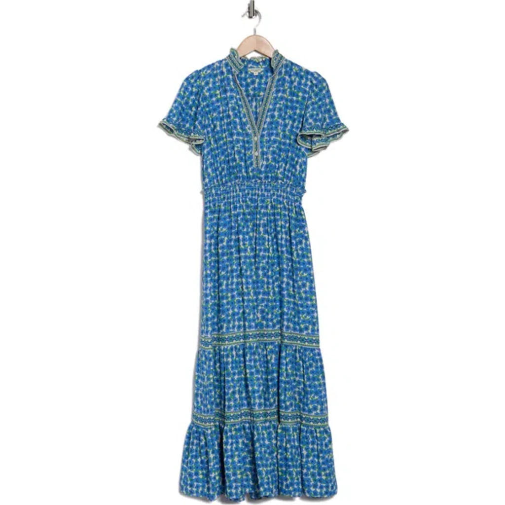 Max Studio Smocked Flutter Sleeve Maxi Dress In Blue/cream Poppies Field |  ModeSens
