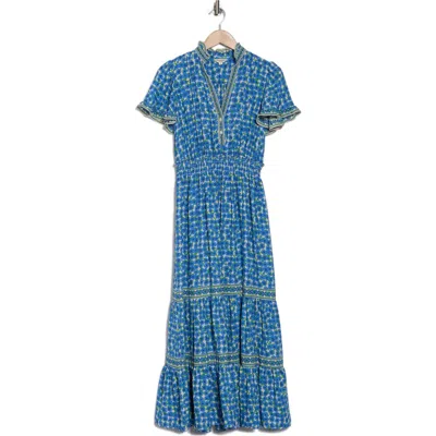 Max Studio Smocked Flutter Sleeve Maxi Dress In Blue/cream Poppies Field