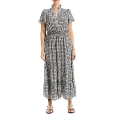 Max Studio Smocked Flutter Sleeve Maxi Dress In Cream/ Black Rosette Tile