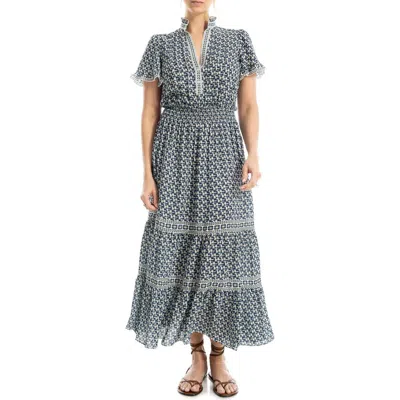 Max Studio Smocked Flutter Sleeve Maxi Dress In Cream/ Navy/ Sage