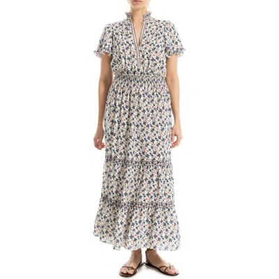Max Studio Smocked Flutter Sleeve Maxi Dress In Creamindigo Floral Vines