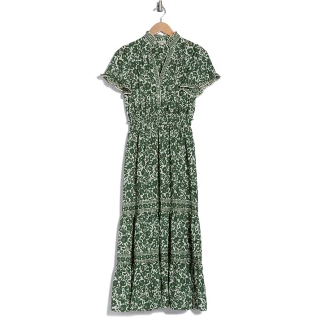 Max Studio Smocked Flutter Sleeve Maxi Dress In Dark Green Floral